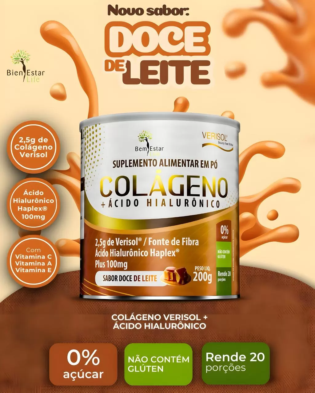 COLAGENO VERISOL EM PO COM ACIDO HIALURONICO, SABOR DOCE DE LEITE 