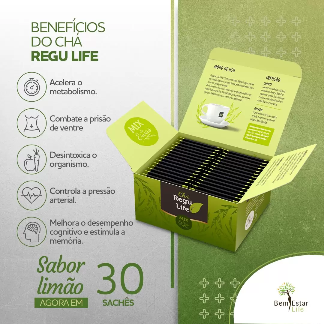 CHA REGU LIFE - 30 SACHE - SABOR LIMAO 