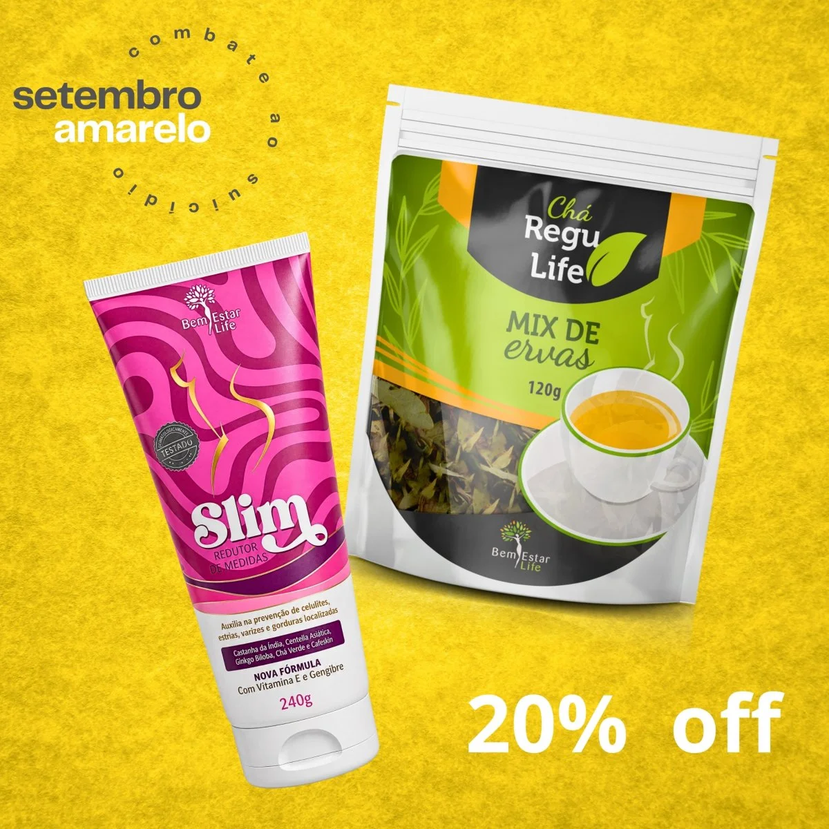 OFERTA - 20% DESCONTO SLIM REDUTOR DE MEDIDAS 200G + CHA REGU LIFE 120GR.