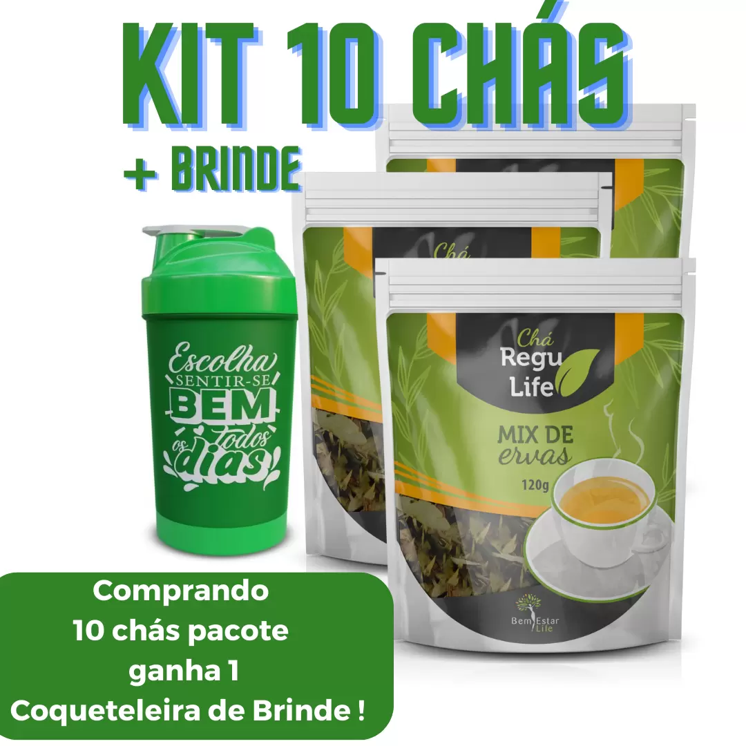 KIT 10 CHAS PACOTE REGU LIFE + 1 COQUETELEIRA DE BRINDE 